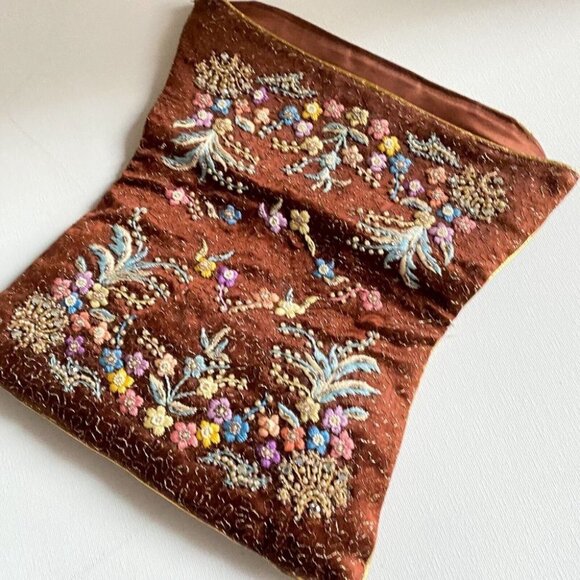 Vintage Bronze Satin hand  embroidered beaded Sequin Detail Foldover Clutch - Picture 5 of 12